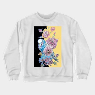 Blue Budgie and Rose Watercolor Painting on Yellow and Black Crewneck Sweatshirt